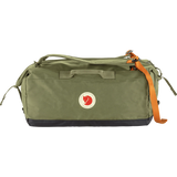 Fjälken green canvas duffel bag with an orange webbing strap and a black bottom panel, featuring the circular Fjälken logo patch on the front. - Fjällräven Färden Duffel 50 - Greeb