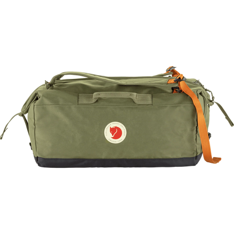 Fjälken green canvas duffel bag with an orange webbing strap and a black bottom panel, featuring the circular Fjälken logo patch on the front. - Fjällräven Färden Duffel 50 - Greeb