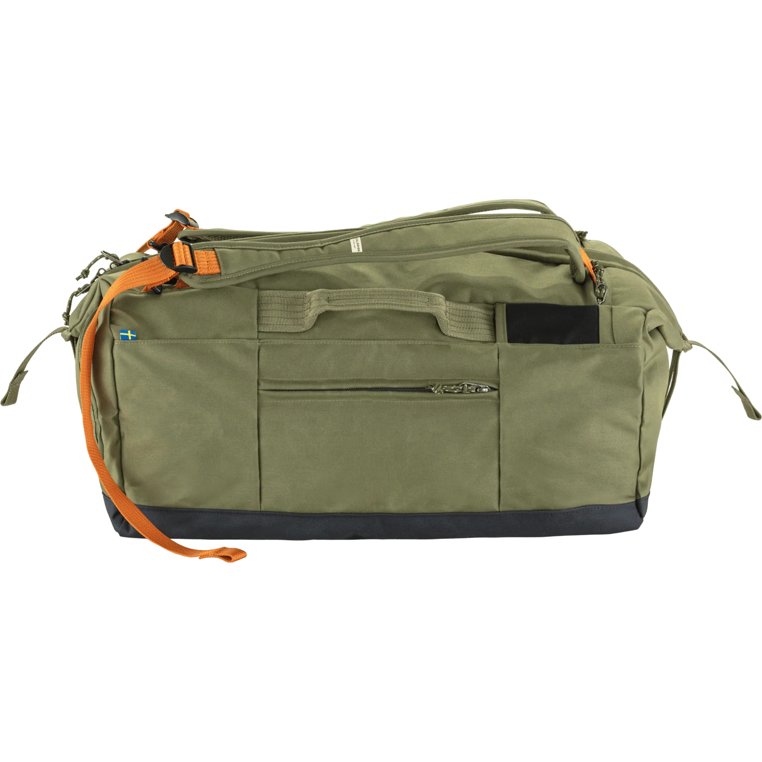 An olive green duffel bag with a dark navy base and bright orange straps, shown against a plain white background. - Fjällräven Färden Duffel 50 - Greeb