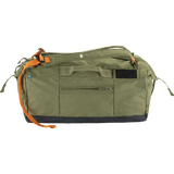 An olive green duffel bag with a dark navy base and bright orange straps, shown against a plain white background. - Fjällräven Färden Duffel 50 - Greeb