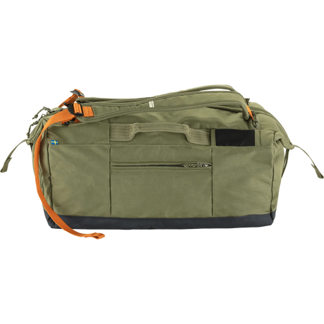 An olive green duffel bag with a dark navy base and bright orange straps, shown against a plain white background. - Fjällräven Färden Duffel 50 - Greeb