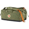 Fjäl green duffel bag with an orange webbing strap and a navy blue base, featuring the brand's circular fox logo on the front. - Fjällräven Färden Duffel 50 - Greeb