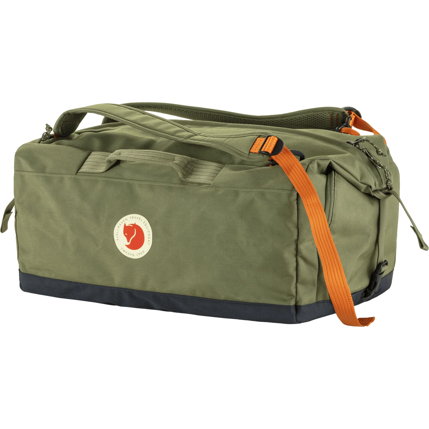 Fjäl green duffel bag with an orange webbing strap and a navy blue base, featuring the brand's circular fox logo on the front. - Fjällräven Färden Duffel 50 - Greeb