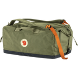 Fjäl green duffel bag with an orange webbing strap and a navy blue base, featuring the brand's circular fox logo on the front. - Fjällräven Färden Duffel 50 - Greeb
