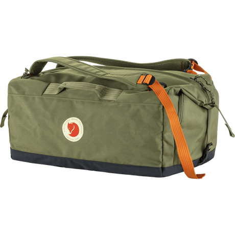 Fjäl green duffel bag with an orange webbing strap and a navy blue base, featuring the brand's circular fox logo on the front. - Fjällräven Färden Duffel 50 - Greeb
