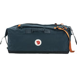 Blue duffel bag with orange straps on a white background - Fjällräven Färden Duffel 80L - Navy