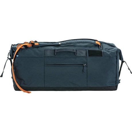 Dark blue duffel bag with orange accents on a white background - Fjällräven Färden Duffel 80L - Navy