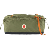 Fjäl green duffel bag with a black bottom panel and orange accents, including a logo patch and straps, on a white background. - Fjällräven Färden Duffel 80L - Green