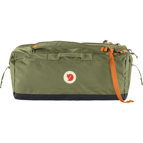 Fjäl green duffel bag with a black bottom panel and orange accents, including a logo patch and straps, on a white background. - Fjällräven Färden Duffel 80L - Green