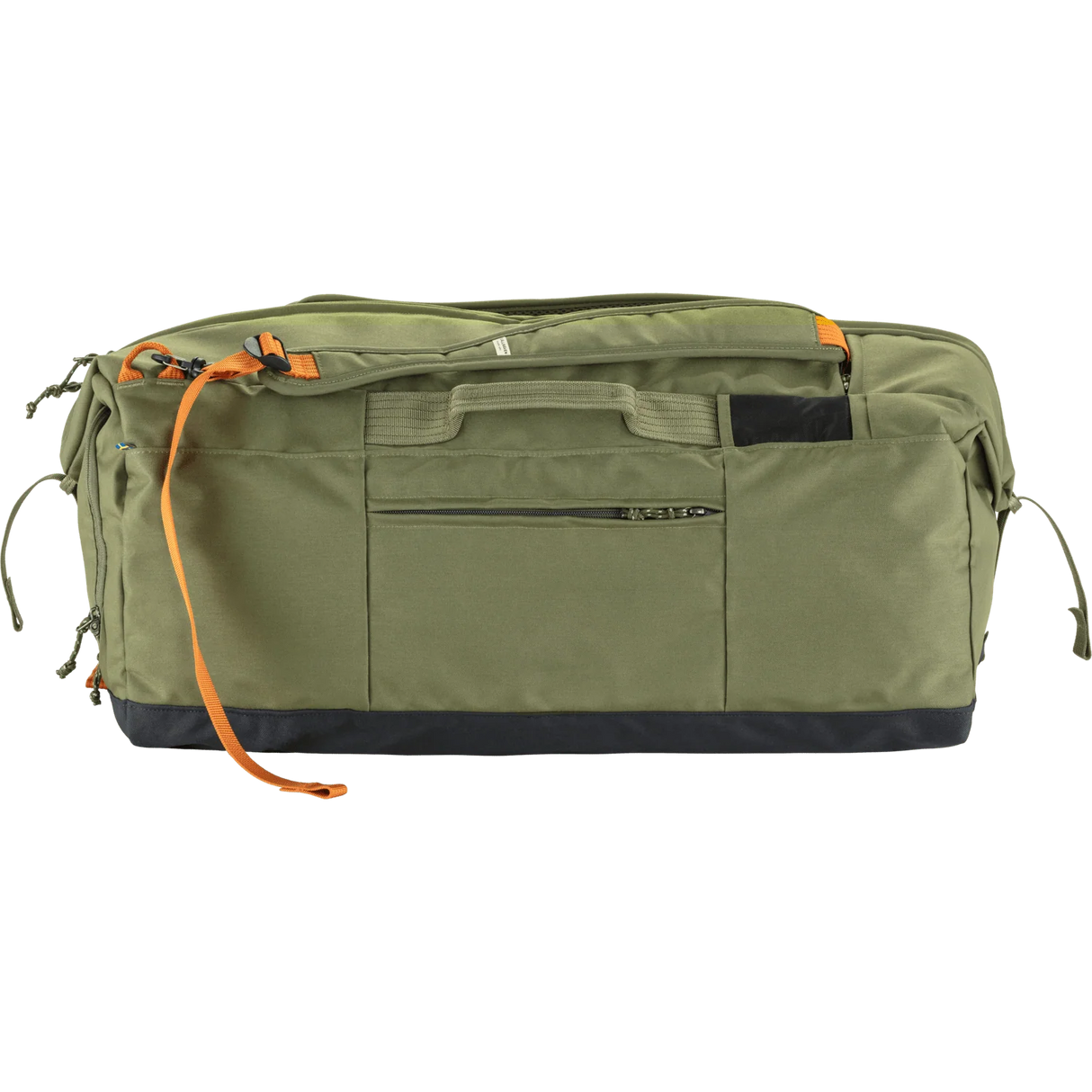An olive green duffel bag with a black bottom panel and bright orange accents on the straps and zipper pulls, shown against a plain white background. - Fjällräven Färden Duffel 80L - Green