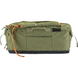An olive green duffel bag with a black bottom panel and bright orange accents on the straps and zipper pulls, shown against a plain white background. - Fjällräven Färden Duffel 80L - Green