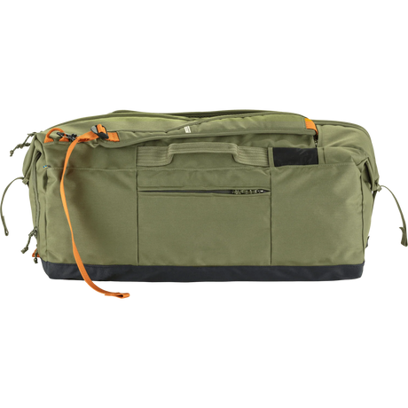 An olive green duffel bag with a black bottom panel and bright orange accents on the straps and zipper pulls, shown against a plain white background. - Fjällräven Färden Duffel 80L - Green