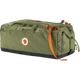 Fjäl green duffel bag with a dark navy bottom panel and bright orange webbing strap, featuring the Fjäl logo patch on the front. - Fjällräven Färden Duffel 80L - Green