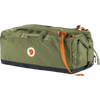 Fjäl green duffel bag with a dark navy bottom panel and bright orange webbing strap, featuring the Fjäl logo patch on the front. - Fjällräven Färden Duffel 80L - Green