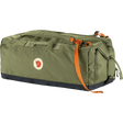 Fjäl green duffel bag with a dark navy bottom panel and bright orange webbing strap, featuring the Fjäl logo patch on the front. - Fjällräven Färden Duffel 80L - Green