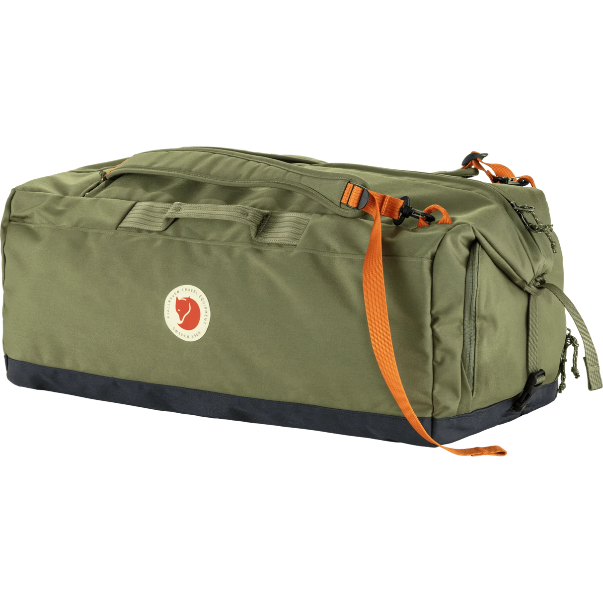 Fjäl green duffel bag with a dark navy bottom panel and bright orange webbing strap, featuring the Fjäl logo patch on the front. - Fjällräven Färden Duffel 80L - Green