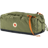 Fjäl green duffel bag with a dark navy bottom panel and bright orange webbing strap, featuring the Fjäl logo patch on the front. - Fjällräven Färden Duffel 80L - Green