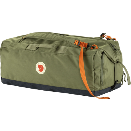 Fjäl green duffel bag with a dark navy bottom panel and bright orange webbing strap, featuring the Fjäl logo patch on the front. - Fjällräven Färden Duffel 80L - Green