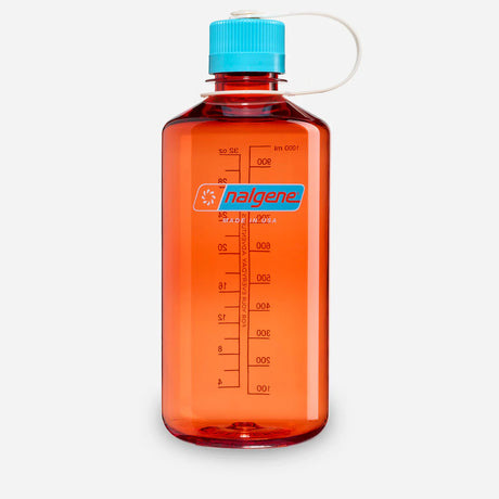 Orange Nalgene water bottle with a blue cap on a white background - Nalgene Narrow Mouth Sustain Water Bottle (1L) - Flame With Blue Atoll