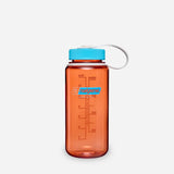 An amber translucent plastic water bottle with a bright blue cap and a white carrying loop, featuring red measurement markings and a blue Halgene logo on the front, set against a light gray background. - Nalgene Wide Mouth Sustain Water Bottle (500ml) - Flame With Blue Atoll