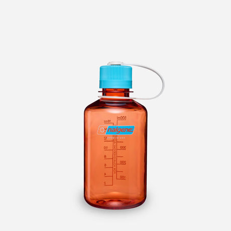 Orange water bottle with a blue cap on a white background - Nalgene Narrow Mouth Sustain Water Bottle (500ml) - Flame With Blue Atoll