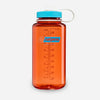 Orange Nalgene water bottle with a blue cap on a white background - Nalgene Wide Mouth Sustain Water Bottle (1L) - Flame With Blue Atoll