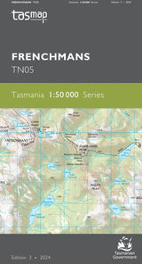 Front cover of a topographic map publication titled FRENCHMANS TN05, showing a map of Frenchmans, Tasmania, with the Tasmap logo at top left and Tasmanian Government branding at bottom right. - Tasmap 1:50000 Topographic/Cadastral Maps - Frenchmans