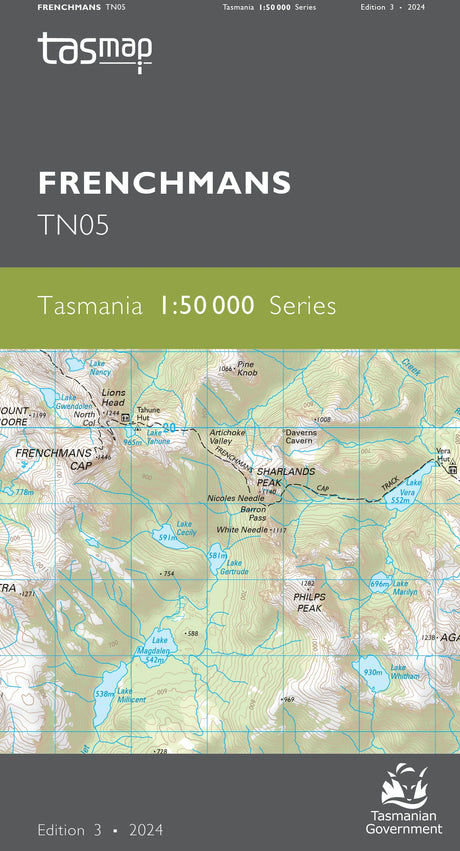 Front cover of a topographic map publication titled FRENCHMANS TN05, showing a map of Frenchmans, Tasmania, with the Tasmap logo at top left and Tasmanian Government branding at bottom right. - Tasmap 1:50000 Topographic/Cadastral Maps - Frenchmans