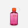 A translucent pink Nalgene water bottle with an orange screw cap and a white carrying loop, shown on a light gray background. - Nalgene Narrow Mouth Sustain Water Bottle (500ml) - Fuchsia Purple With Flame