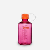 A translucent pink Nalgene water bottle with an orange screw cap and a white carrying loop, shown on a light gray background. - Nalgene Narrow Mouth Sustain Water Bottle (500ml) - Fuchsia Purple With Flame