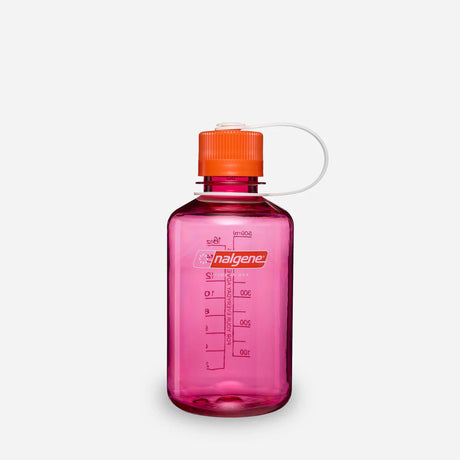 A translucent pink Nalgene water bottle with an orange screw cap and a white carrying loop, shown on a light gray background. - Nalgene Narrow Mouth Sustain Water Bottle (500ml) - Fuchsia Purple With Flame