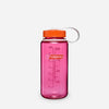 A translucent pink Nalgene water bottle with an orange screw cap and a white carrying loop, shown on a light gray background. - Nalgene Wide Mouth Sustain Water Bottle (500ml) - Fuchsia Purple With Flame