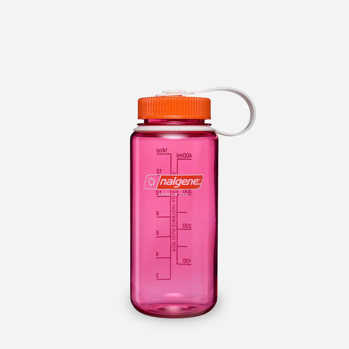 A translucent pink Nalgene water bottle with an orange screw cap and a white carrying loop, shown on a light gray background. - Nalgene Wide Mouth Sustain Water Bottle (500ml) - Fuchsia Purple With Flame