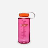 A translucent pink Nalgene water bottle with an orange screw cap and a white carrying loop, shown on a light gray background. - Nalgene Wide Mouth Sustain Water Bottle (500ml) - Fuchsia Purple With Flame