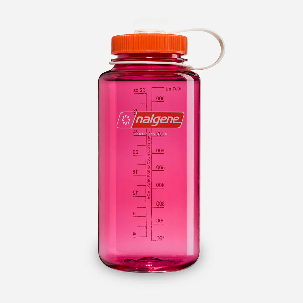 Pink water bottle with orange cap on a white background - Nalgene Wide Mouth Sustain Water Bottle (1L) - Fuchsia Purple With Flame