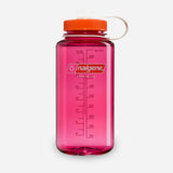 Pink water bottle with orange cap on a white background - Nalgene Wide Mouth Sustain Water Bottle (1L) - Fuchsia Purple With Flame