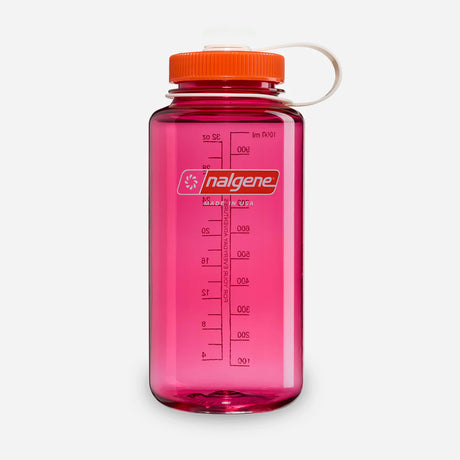 Pink water bottle with orange cap on a white background - Nalgene Wide Mouth Sustain Water Bottle (1L) - Fuchsia Purple With Flame