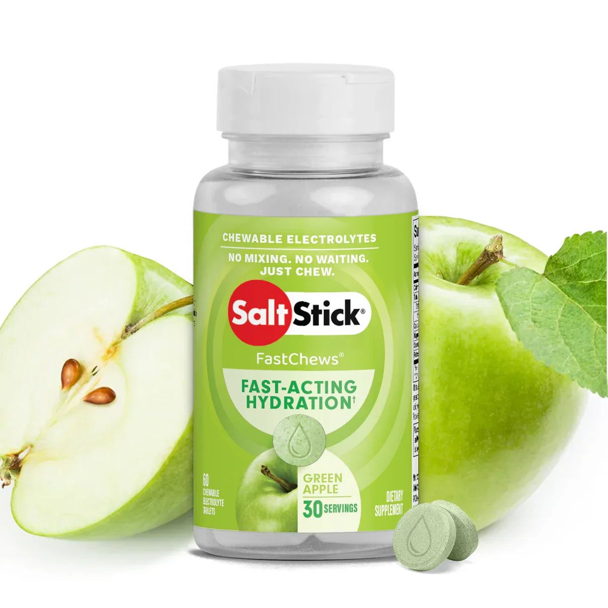 SaltStick FastChews bottle with green apples on a white background - SaltStick FastChews - Green Apple Bottle