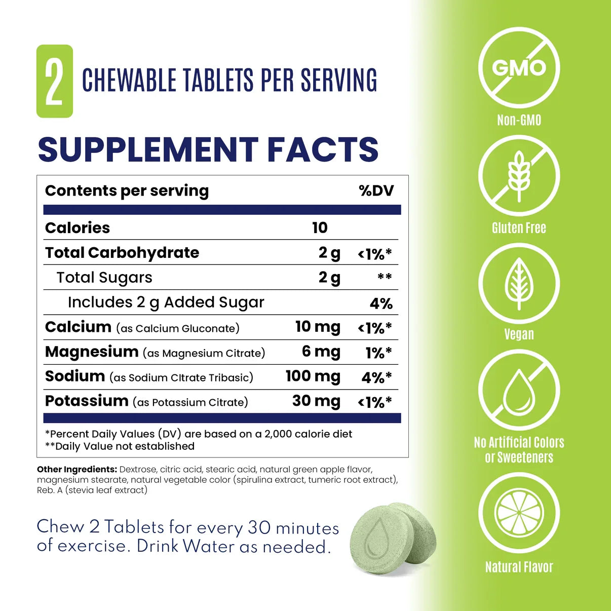 Supplement facts label with green background and white text - SaltStick FastChews - Green Apple 