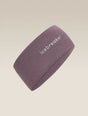 A dusty purple athletic headband with the brand name 'icebreaker' printed in white on the side, shown against a solid beige background. - Icebreaker Merino 200 Oasis Headband (Unisex) - Grey Plum