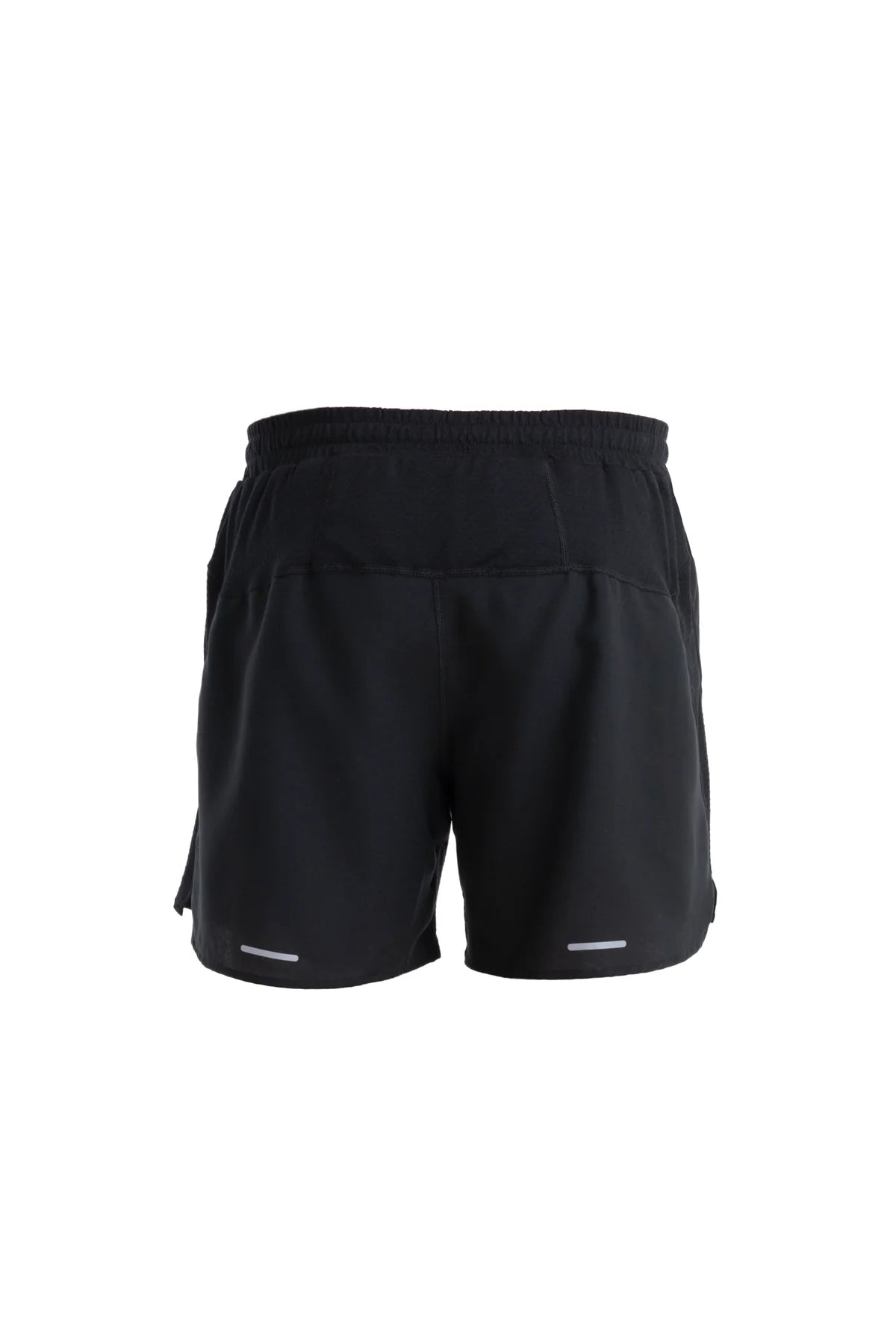 Black athletic shorts shown from the back, featuring an elastic waistband and subtle reflective silver stripes near the lower hems, set against a plain white background. - Icebreaker Merino Blend 125 ZoneKnit Speed 6" Shorts (Men's) - Black