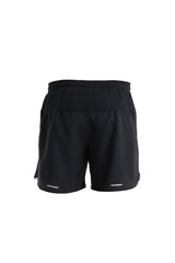 Black athletic shorts shown from the back, featuring an elastic waistband and subtle reflective silver stripes near the lower hems, set against a plain white background. - Icebreaker Merino Blend 125 ZoneKnit Speed 6" Shorts (Men's) - Black