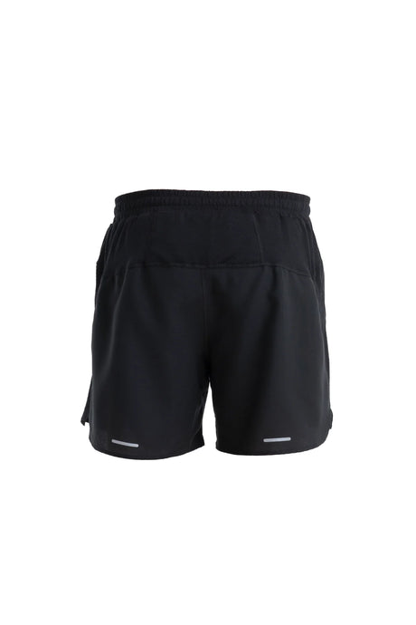 Black athletic shorts shown from the back, featuring an elastic waistband and subtle reflective silver stripes near the lower hems, set against a plain white background. - Icebreaker Merino Blend 125 ZoneKnit Speed 6" Shorts (Men's) - Black
