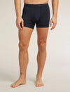 A man wearing dark navy blue boxer briefs, shown from the waist down against a light beige studio background. The brand name 'celery' is subtly printed on the front waistband. - Icebreaker Merino Blend 125 Cool-Lite Anatomica Boxers (Men's) - Midnight Navy