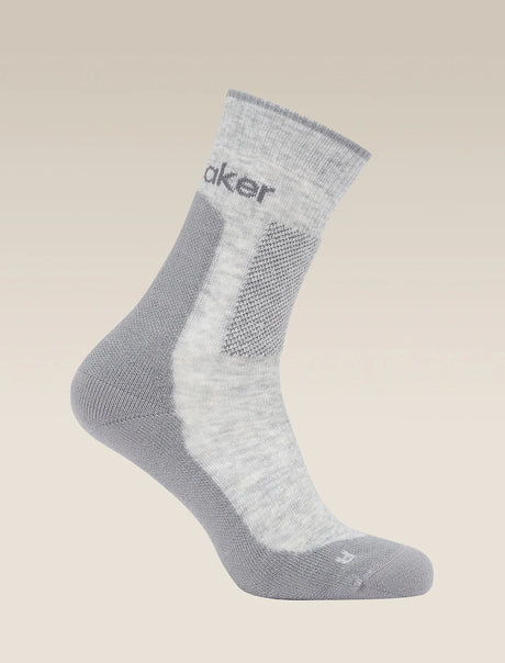 Gray sock with 'Coker' branding on a beige background - Icebreaker Merino Hike+ Medium Crew Socks (Men's) - Blizzard Heather/Alloy
