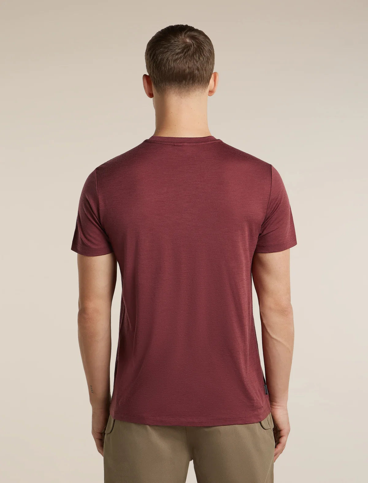A man viewed from the back wearing a short-sleeve crewneck t-shirt in a muted burgundy color, paired with khaki pants, against a solid beige background. - Icebreaker Merino 150 Tech Lite Short Sleeve T-Shirt Transportage (Men's) - Port