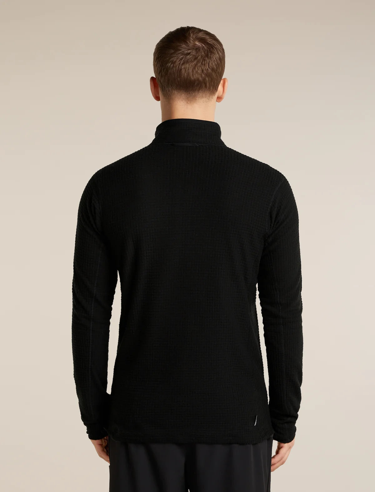 A man viewed from behind wearing a black long-sleeve quarter-zip athletic pullover and dark pants, set against a plain beige studio background. - Icebreaker Merino 400 RealFleece Grid Peaksland Long Sleeve Half Zip (Men's) - Black