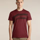 A man wearing a short-sleeve crewneck t-shirt in maroon with a dark horizontal stripe pattern across the chest, paired with khaki pants, against a solid beige background. - Icebreaker Merino 150 Tech Lite Short Sleeve T-Shirt Getaway (Men's) - Port