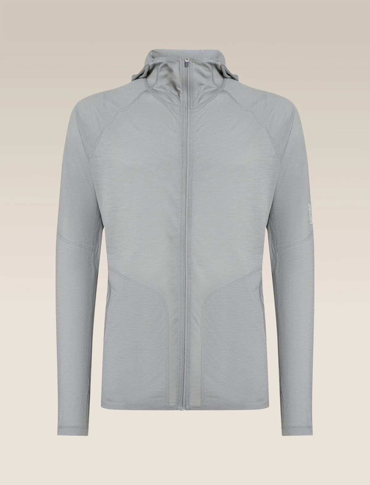 A light gray hooded zip-up jacket displayed on a neutral beige gradient background. - Icebreaker 150 MerinoFine Ace Long Sleeve Zip Hoodie (Men's) - Proto Grey