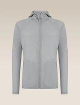 A light gray hooded zip-up jacket displayed on a neutral beige gradient background. - Icebreaker 150 MerinoFine Ace Long Sleeve Zip Hoodie (Men's) - Proto Grey